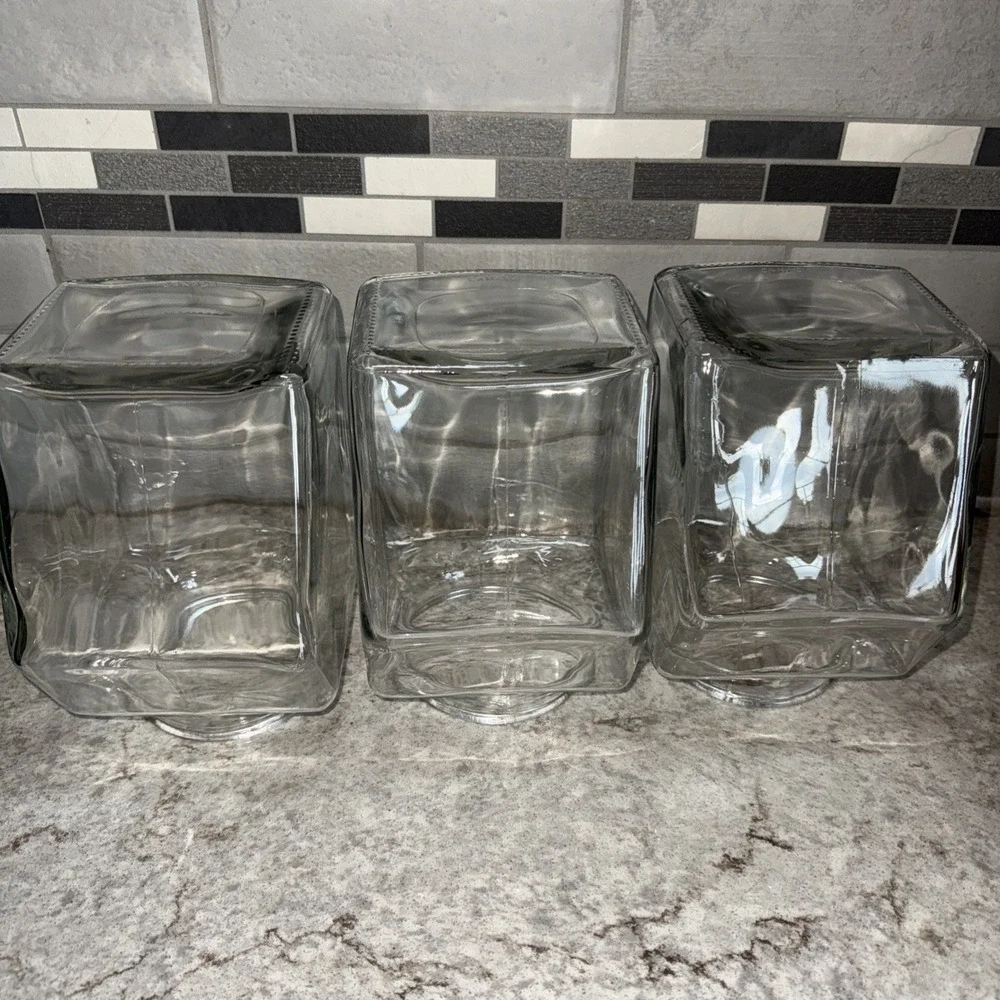 Vtg Glass 3 Canister Set Blue Heart Wood Top Counter Rack Farmhouse Kitchen
